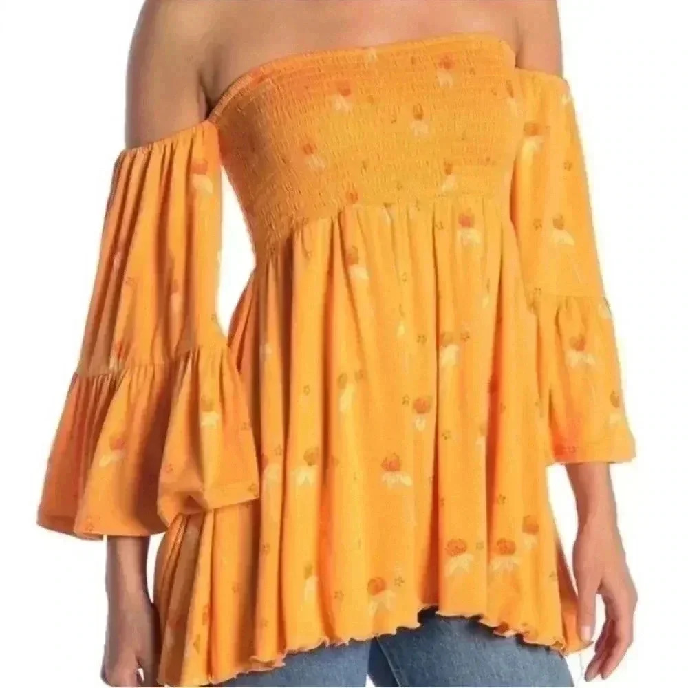 Free people orange floral off shoulder blouse XS